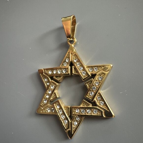 Stainless Steel Jewish Israel Star of David Necklace Bar Mitzvah Gold Zirconia - Picture 2 of 5